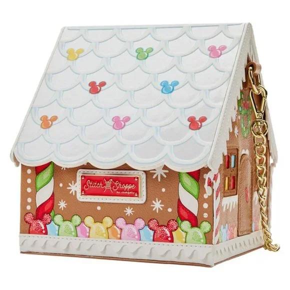 Loungefly Stitch Shoppe Minnie Mouse Gingerbread House Crossbody Bag & Pin NWT